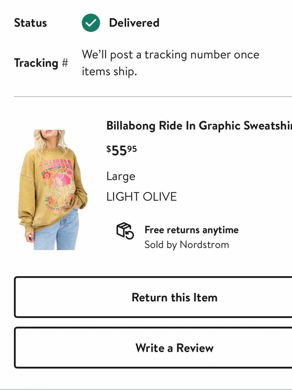 Billabong Light Olive Graphic Sweatshirt with Pink and Coral Print